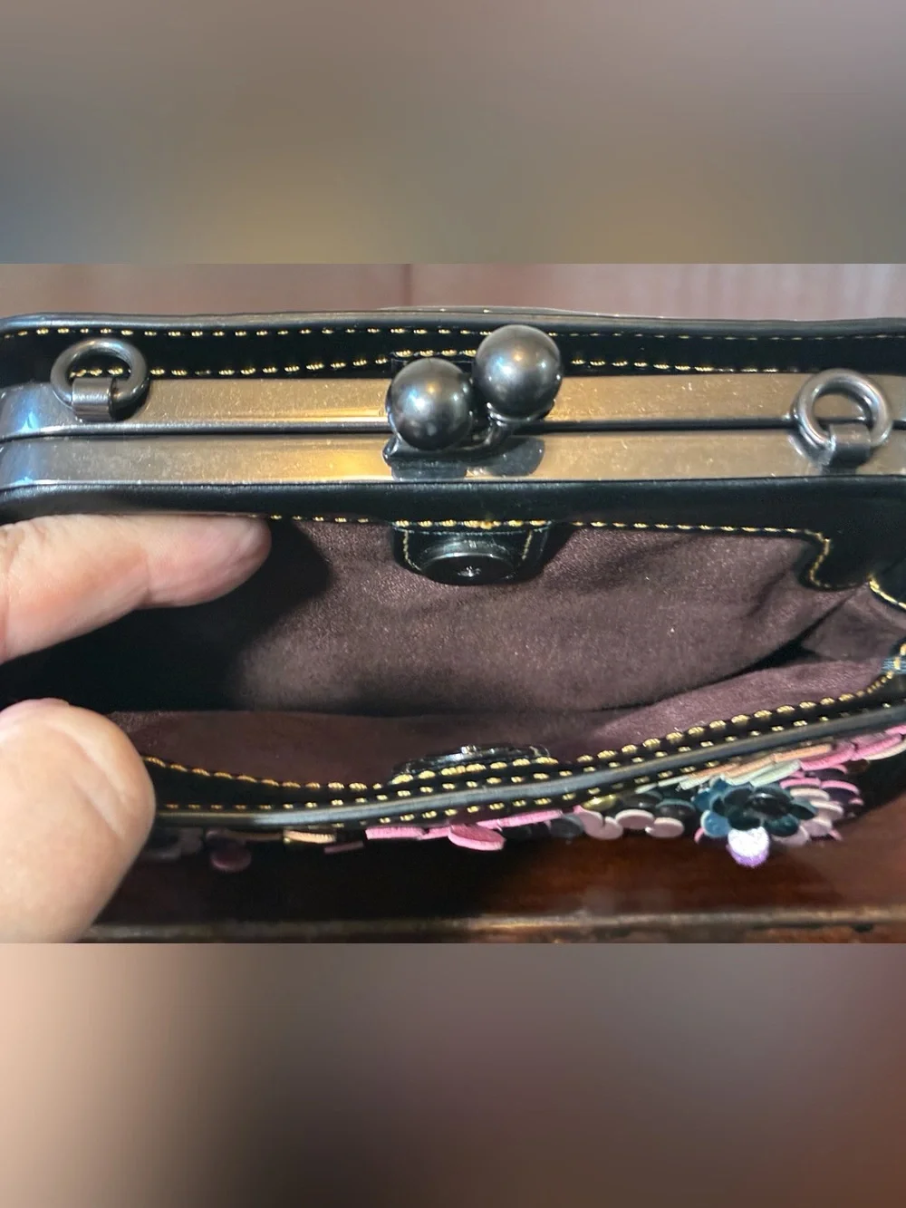 Coach Black Pearl Floral Appliqué Kiss-Lock Hand Bag